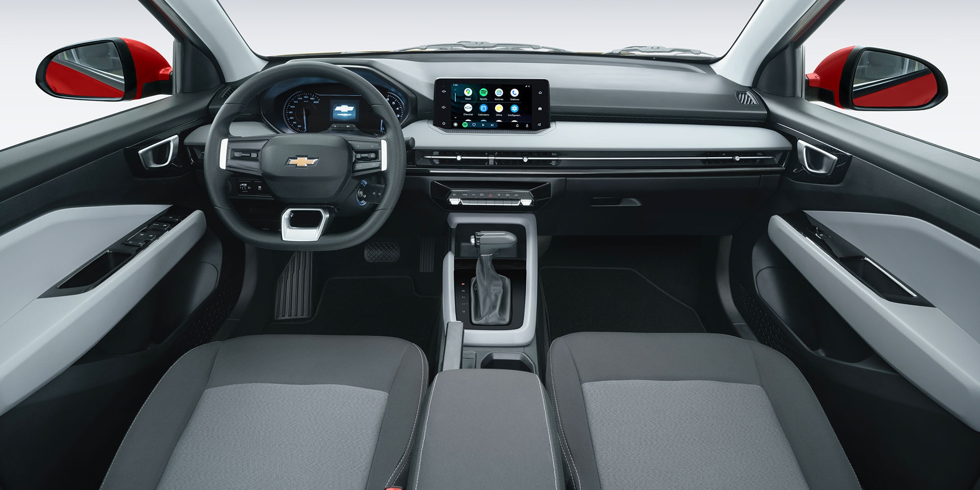 Nuevo auto tipo sedán Chevrolet Aveo 2026 en color interior tela gris